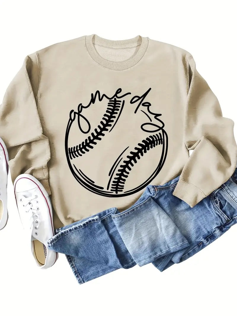 Baseball Print Pullover Sweatshirt, For Fall & Winter
