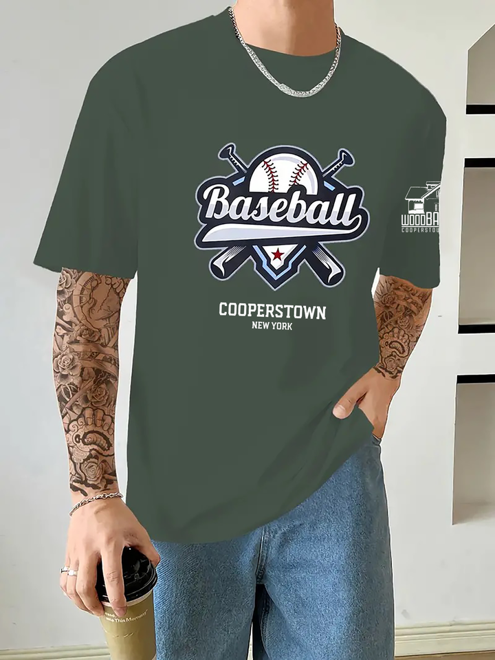 Baseball Print T Shirt, Tees For Men