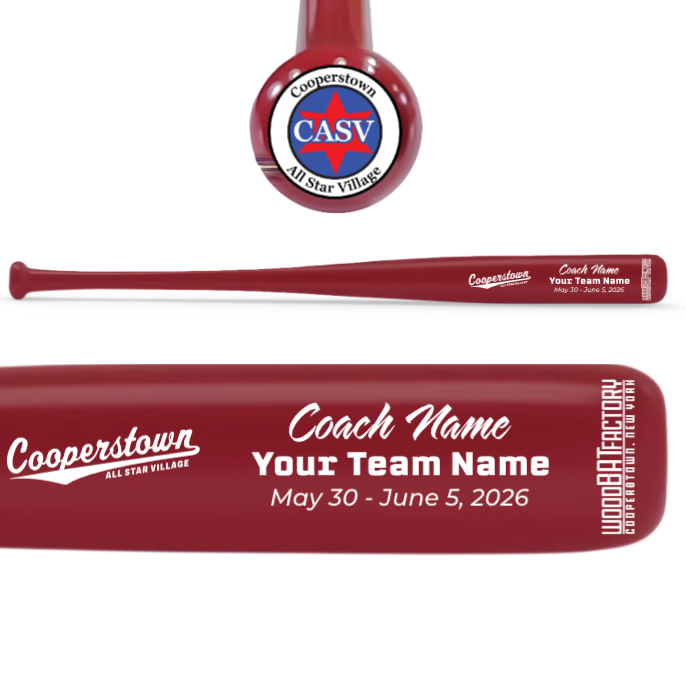 Red baseball bat with personalized text on a white background