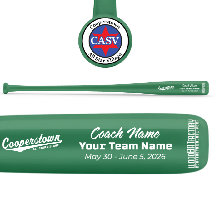 Green baseball bat with personalized text and Cooperstown All Star Village logo.