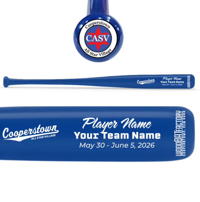 Blue baseball bat with personalized text on a white background