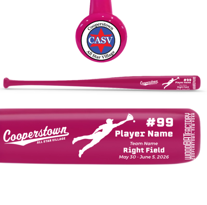 Pink baseball bat with personalized text on a white background, featuring the Cooperstown All-Star Village logo.
