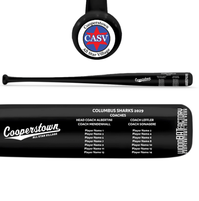Black baseball bat with engraved text and Cooperstown All Star Village logo on a white background