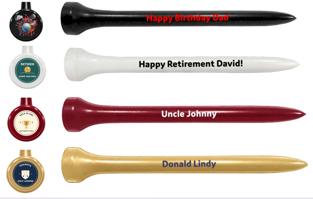 Black, white, burgundy, and gold personalized golf tees with birthday, retirement, and name examples, alongside their top decals.