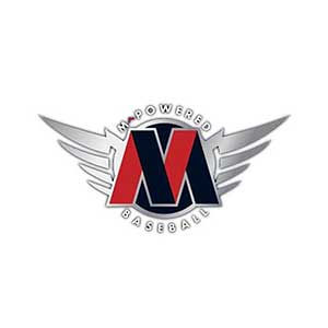 M^Powered Bat Company Logo. A Winged M in Black and Red