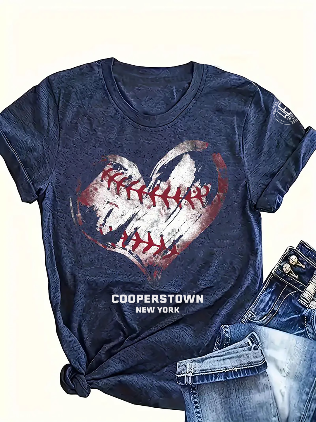 Heart & Baseball Print Crew Neck T-shirt