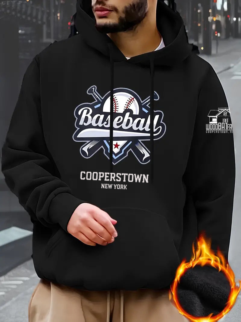 Baseball Print, Comfy Loose Trendy Hooded Pullover, Mens Clothing For Fall Winter
