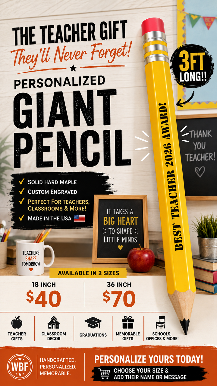 Personalized Giant Wooden Pencil – Teacher Gift & Classroom Decor - Jumbo Size 3ft Long!