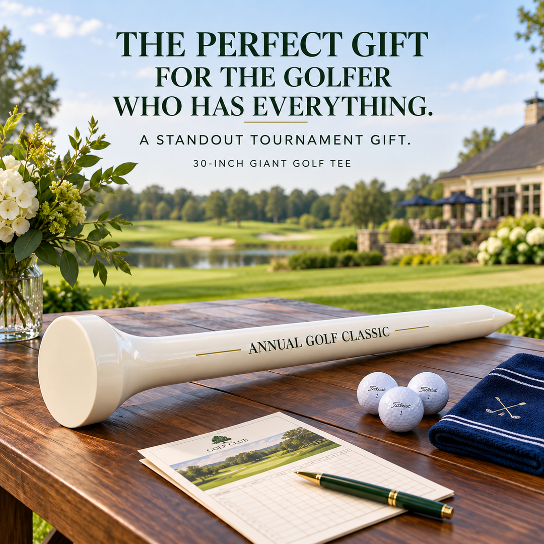 A personalized 30-inch giant golf tee on a clubhouse table, with the message: The perfect gift for the golfer who has everything.