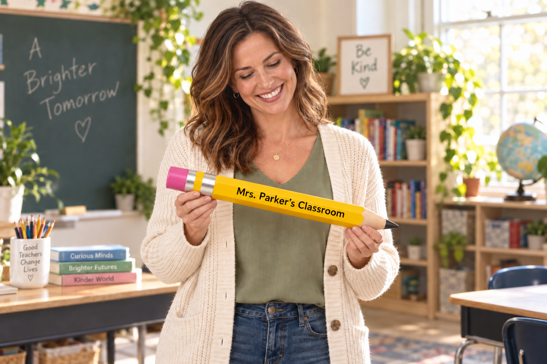 A woman standing in a bright classroom setting holds a large novelty yellow pencil with the text 'Mrs. Parker's Classroom' printed on it.