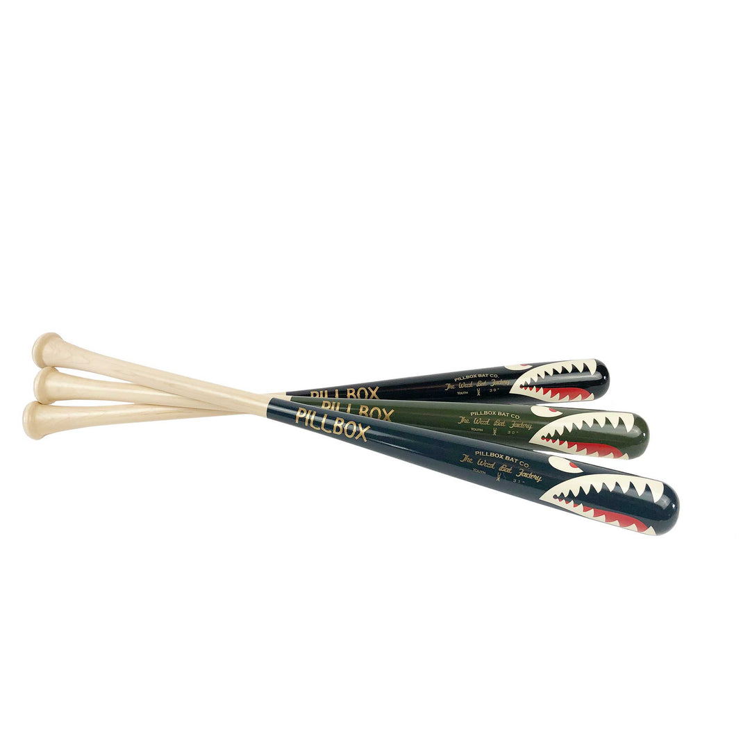 Pillbox Youth Shark Black (Bare Handle w/ White & Red Rings) Wood Baseball Bat | Maple | 29" (-8)