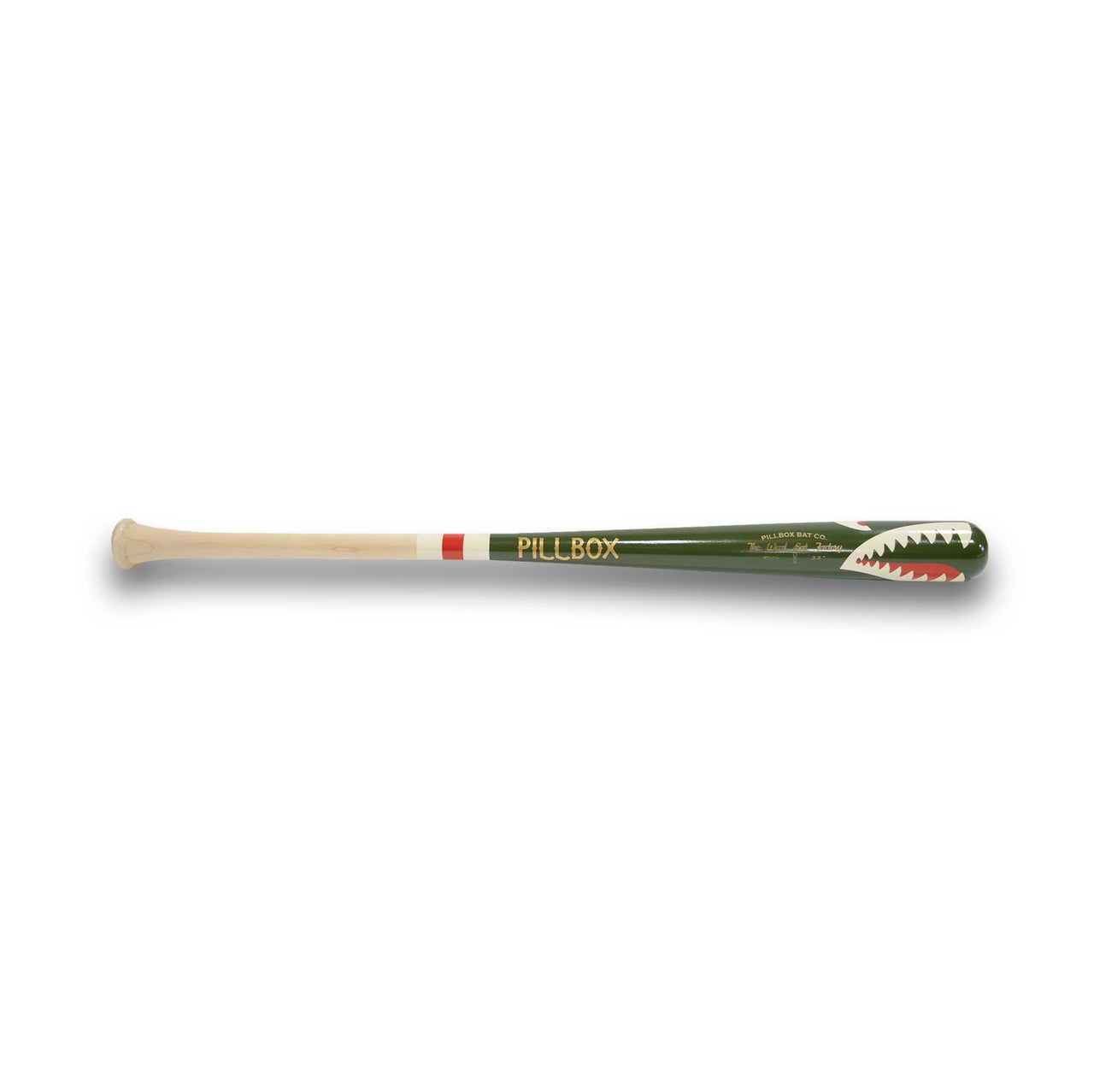 Pillbox Youth Shark Green (Bare Handle w/ White & Red Rings) Wood Baseball Bat | Maple | 32" (-6)
